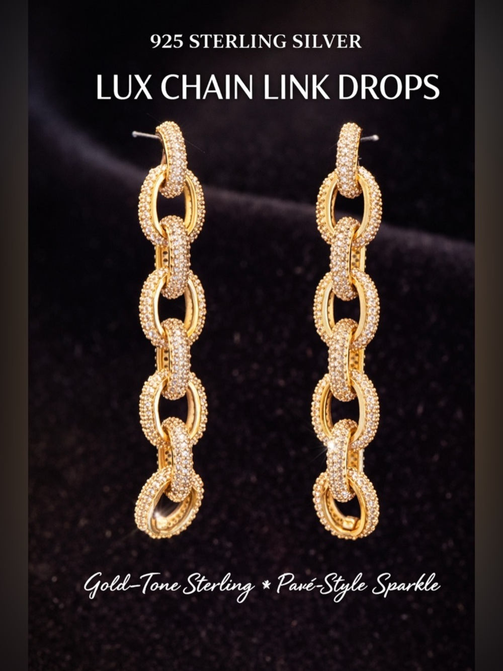 925 Sterling Silver Pavé Chain Link Drop Earrings Gold Tone Luxe Statement 20G